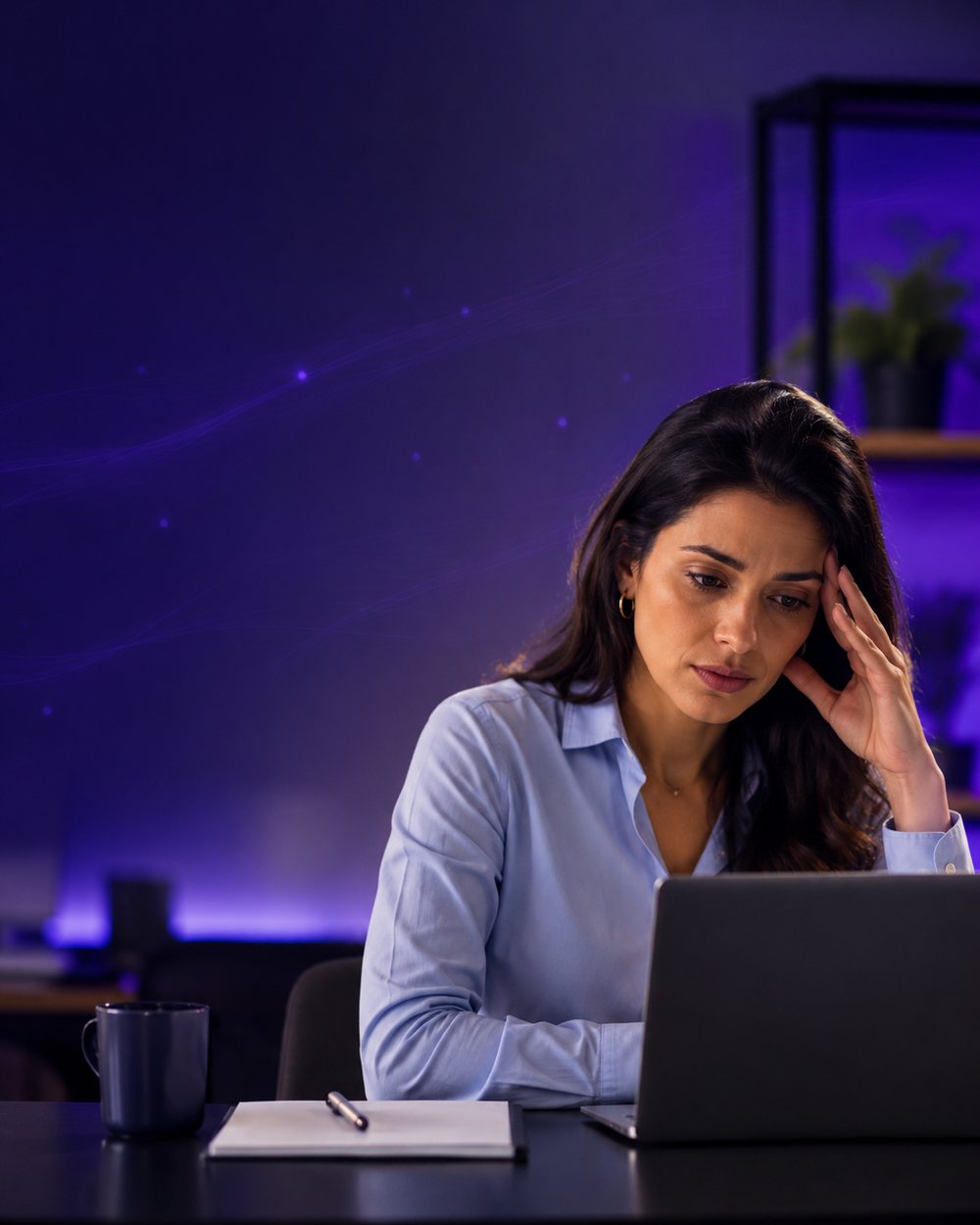Colaboradora sobrecarregada e cansada diante do computador no trabalho